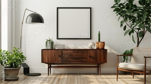 Retro-themed room interior featuring a designer cabinet, lamp, contemporary accessories, and black display frame. A lovely plant hangs on the white wall