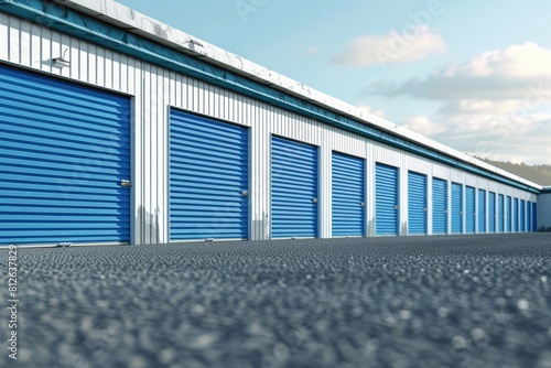 Storage Doors. Modern Industrial Warehouse Facility with Blue Metal Doors © AIGen