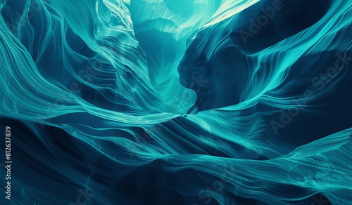This striking image reimagines a cavernous landscape in vibrant shades of blue, with flowing, wave-like formations photo