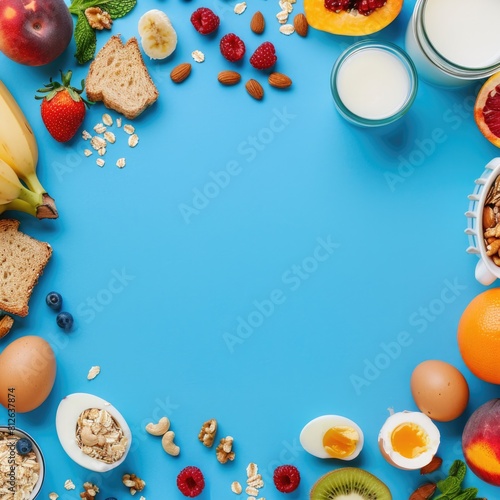 Healthy Food Blue Background. Top View of a Breakfast Frame with Oat and Corn Flakes, Eggs, Nuts, Fruits, Berries, Toast, Milk, Yogurt, Orange, Banana, Peach on Blue Background