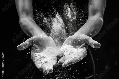 Gymnasts. Female Hands Clapping White Chalk Powder at Artistic Championship