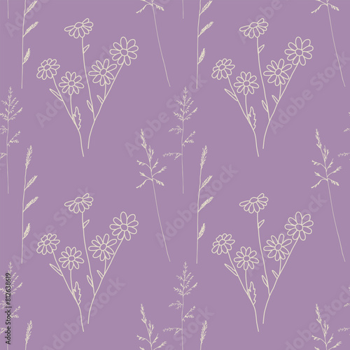 Contour drawing of meadow grass isolated on a lilac background. Beige outline chamomile and grass on lilac. Seamless pattern, hand drawn. Background for cover, textile, dishes, interior decor.