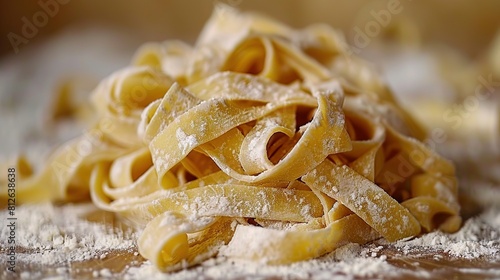   Uncooked pasta pile on table covered in powdered sugar wooden tabletop