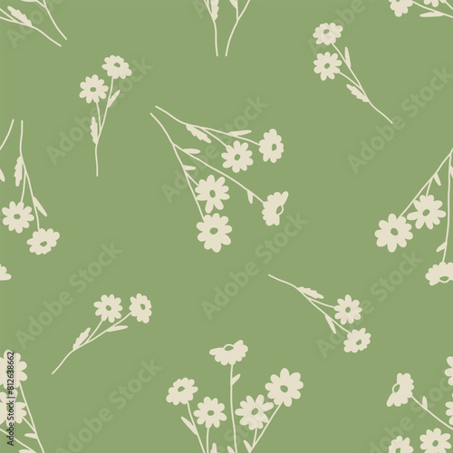 Beige daisy flowers isolated on a green background. Chamomile flower. Hand drawn seamless pattern. Floral background for cover, textile, dishes, interior decor.