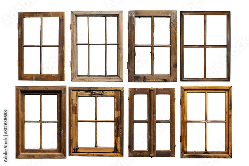A collection of industrial-style vintage wooden window frames on a clean white background
