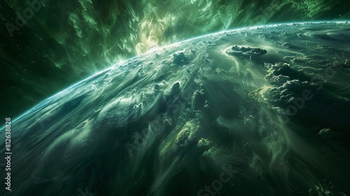 An intense green geomagnetic storm illuminates an alien landscape with dynamic cloud patterns and celestial light. photo