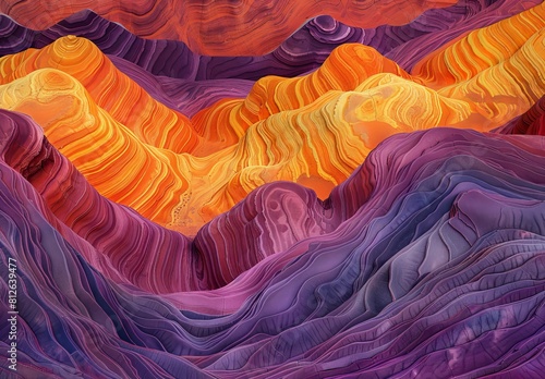 A brightly colored digital illustration of a canyon landscape, with dynamic orange and purple hues, resembling layers of sediment photo