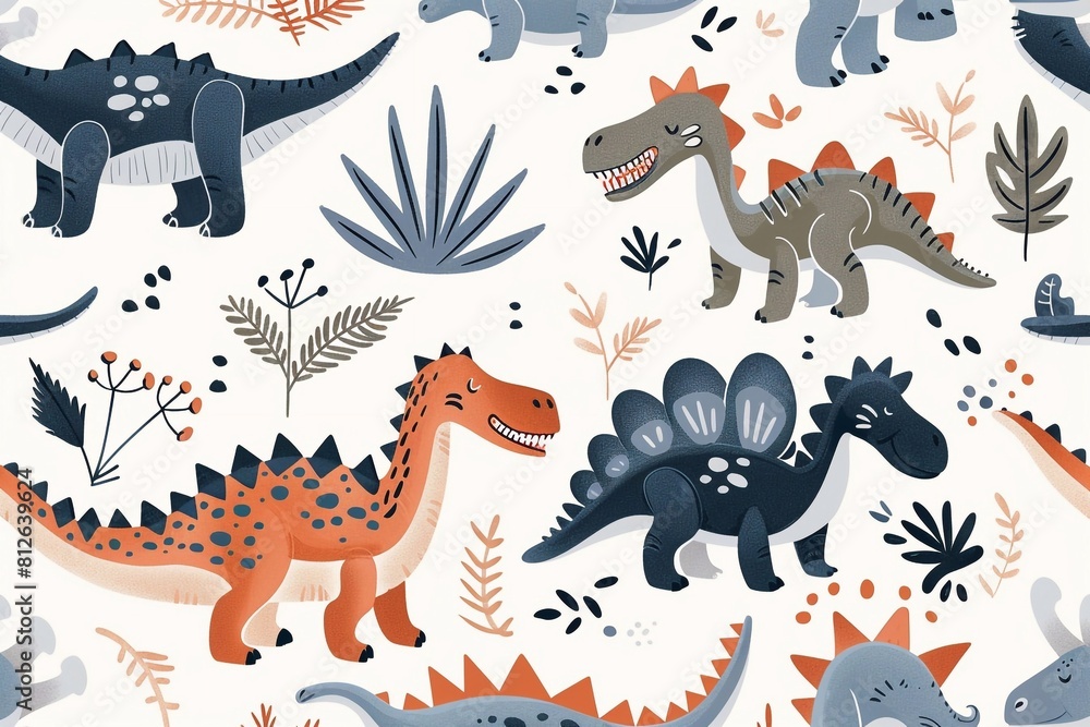 Seamless pattern with dinosaurs, wallpaper background. Design for clothing, bedding, underwear, pajamas, banner, textile, poster, card and scrapbook Seamless pattern with dinosaurs, wallpaper background. Design for clothing, bedding, underwear, pajamas, banner, textile, poster, card and scrapbook