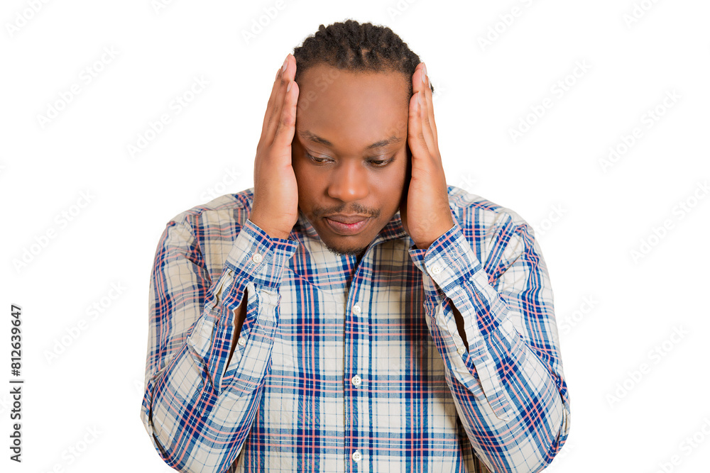 stressed depressed young man holding head with hands looking down. stressed depressed young man holding head with hands looking down.