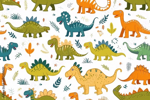 Seamless pattern with dinosaurs, wallpaper background. Design for clothing, bedding, underwear, pajamas, banner, textile, poster, card and scrapbook