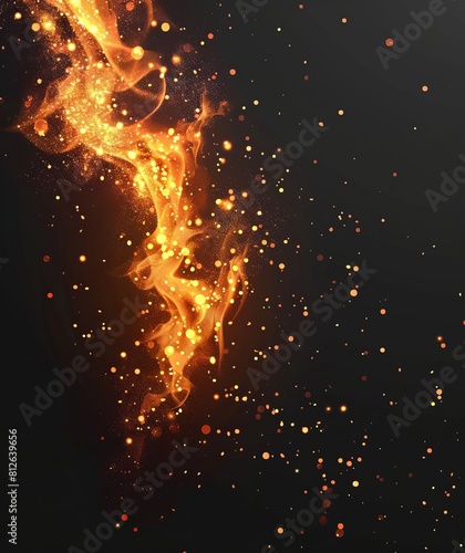 Vibrant golden particles and flames explode in a dynamic dance on a black background, conveying power and energy © dr.rustem