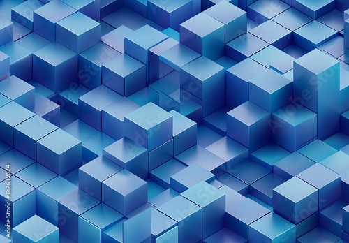 An abstract array of 3D blue cubes forming an organized  geometric pattern with depth and perspective