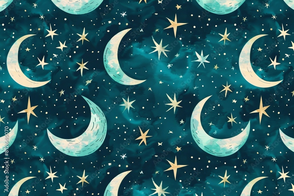Seamless pattern with painted turquoise moon and stars wallpaper background. Design for clothing, bedding, underwear, pajamas, banner, textile, poster, card and scrapbook