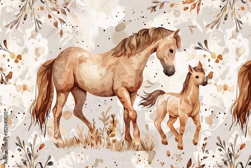 Seamless pattern with painted horse and baby horse wallpaper background. Design for clothing  bedding  underwear  pajamas  banner  textile  poster  card and scrapbook