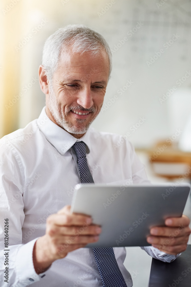 Ceo, tablet and businessman in office, email and internet for online communication. Technology, finance and senior management for accounting firm, software and digital and corporate male person Ceo, tablet and businessman in office, email and internet for online communication. Technology, finance and senior management for accounting firm, software and digital and corporate male person