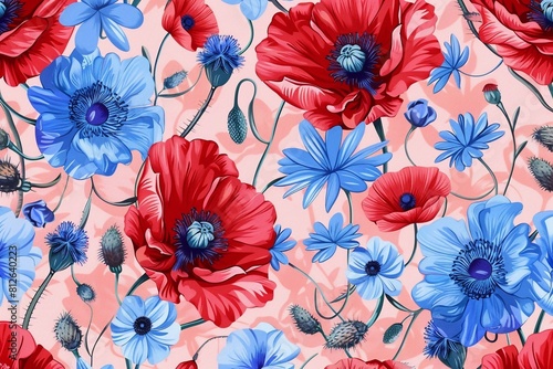  Seamless pattern with poppies and cornflowers  wallpaper background. Design for clothing  bedding  underwear  pajamas  banner  textile  poster  card and scrapbook