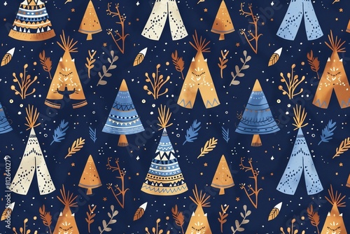 
Seamless pattern with wigwams. Design for clothing, bedding, underwear, pajamas, banner, textile, poster, card and scrapbook photo