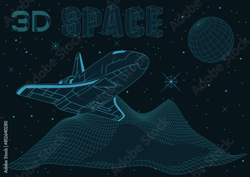 3D Mesh Spacecraft Model, Abstract Space, Surfaces, Planets, Stars. 1980s Computer Art Style Illustration 