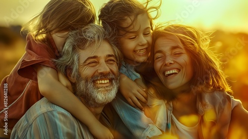 photorealistic film stock featuring a happy family with multiple generations smiling.