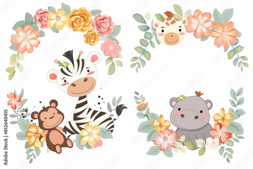 Fototapeta premium Cute and charming set of cartoon animals zebra monkey giraffe and hippo in flower wreaths children's clipart