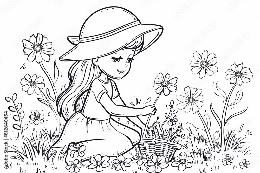 Cute spring girl picking flowers coloring page for kids Stock Illustration | Adobe Stock
