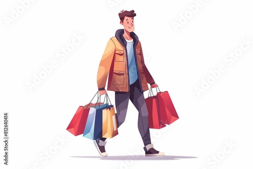 Shopping therapy for males. casual guy walking holding lots of bags with goods