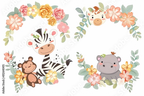 Cute and charming set of cartoon animals zebra monkey giraffe and hippo in flower wreaths children's clipart