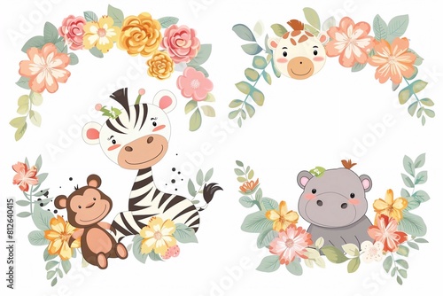 Cute and charming set of cartoon animals zebra monkey giraffe and hippo in flower wreaths children s clipart