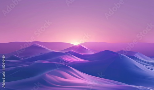 A serene digital illustration of rolling purple hills under a sunset, evoking tranquility