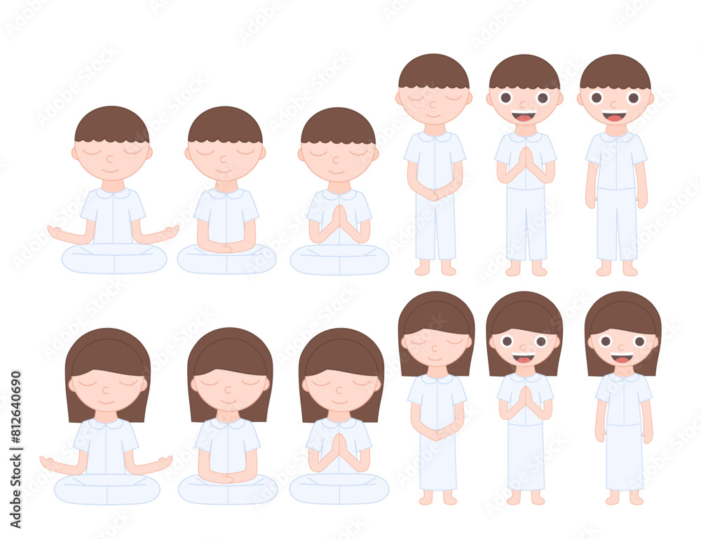 Thai buddhism.Boy and girl are meditating in lotus pose.Namaste character.Happy Vesak Day Budha Purnima.Traditional thailand.Religion and culture.Graphic.Flat design.Cartoon vector illustration. Thai buddhism.Boy and girl are meditating in lotus pose.Namaste character.Happy Vesak Day Budha Purnima.Traditional thailand.Religion and culture.Graphic.Flat design.Cartoon vector illustration.