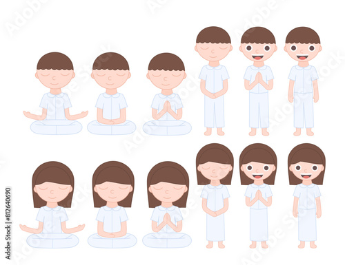 Thai buddhism.Boy and girl are meditating in lotus pose.Namaste character.Happy Vesak Day Budha Purnima.Traditional thailand.Religion and culture.Graphic.Flat design.Cartoon vector illustration.