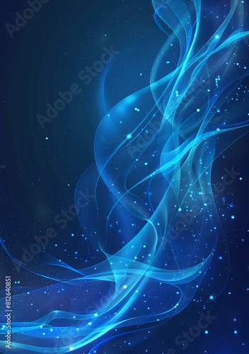 Elegant abstract design with a deep blue background, featuring swirling light patterns and sparkling particles