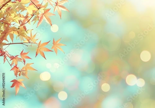 A serene image capturing the essence of autumn with Japanese maple leaves in the foreground and a soft bokeh light effect in the background © qorqudlu