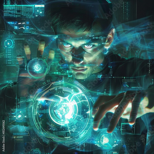 This image features a person with obscured face interacting with holographic projections of a futuristic interface, emphasizing advanced technology