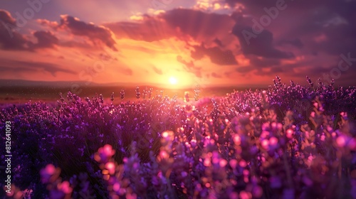 A breathtaking sunset over a field of purple lavender flowers, casting a golden glow over the landscape.