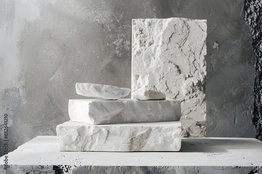 White pieces of stone slabs forming a product podium for product display. Mock-up for exhibitions or presentation of cosmetic products or packaging. Generative Ai.