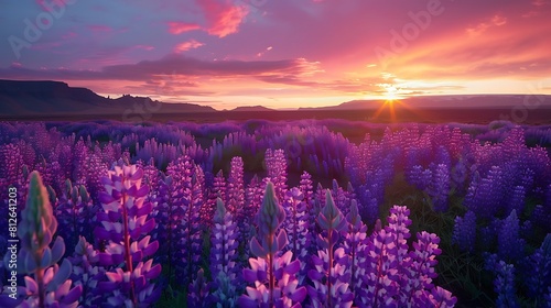 A breathtaking sunset over a field of purple lupine flowers, painting the sky in shades of pink and orange.
