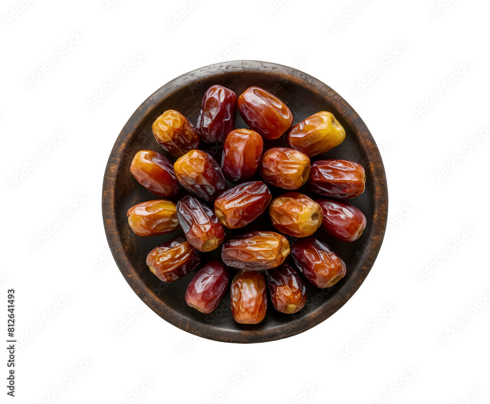 Date fruits with palm leaves and date fruit in wooden bowl isolated on a transparent background Ai generative. Date fruits with palm leaves and date fruit in wooden bowl isolated on a transparent background Ai generative.