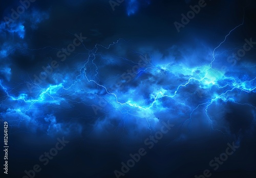 Striking blue lightning bolts illuminate the dark cloudy sky, simulating a powerful electric storm at night