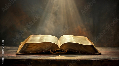 Old sacred open book on wooden table with light shinning on it, Divine light concept