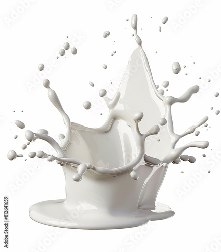 A 3D illustration of a high-speed milk splash, creating a whimsical and detailed dairy explosion isolated on a white background photo