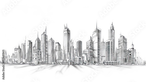 This image captures an artistic skyline filled with pencil-drawn tall buildings showcasing urban density photo