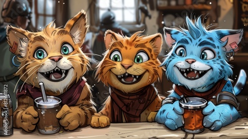 Three cartoon cats sitting at a table with drinks in their hands, AI © starush