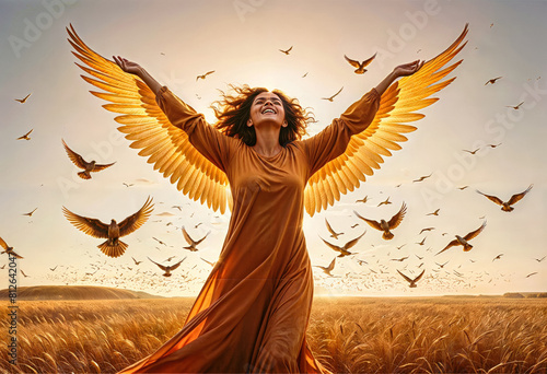 a woman in a long dress with wings outstretched in the air with a sunset in the background
