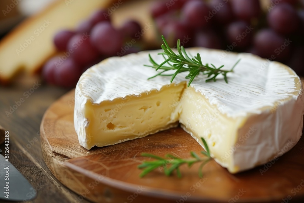 Close-up of creamy brie cheese garnished with rosemary on a rustic wood backdrop, accompanied by grapes Close-up of creamy brie cheese garnished with rosemary on a rustic wood backdrop, accompanied by grapes