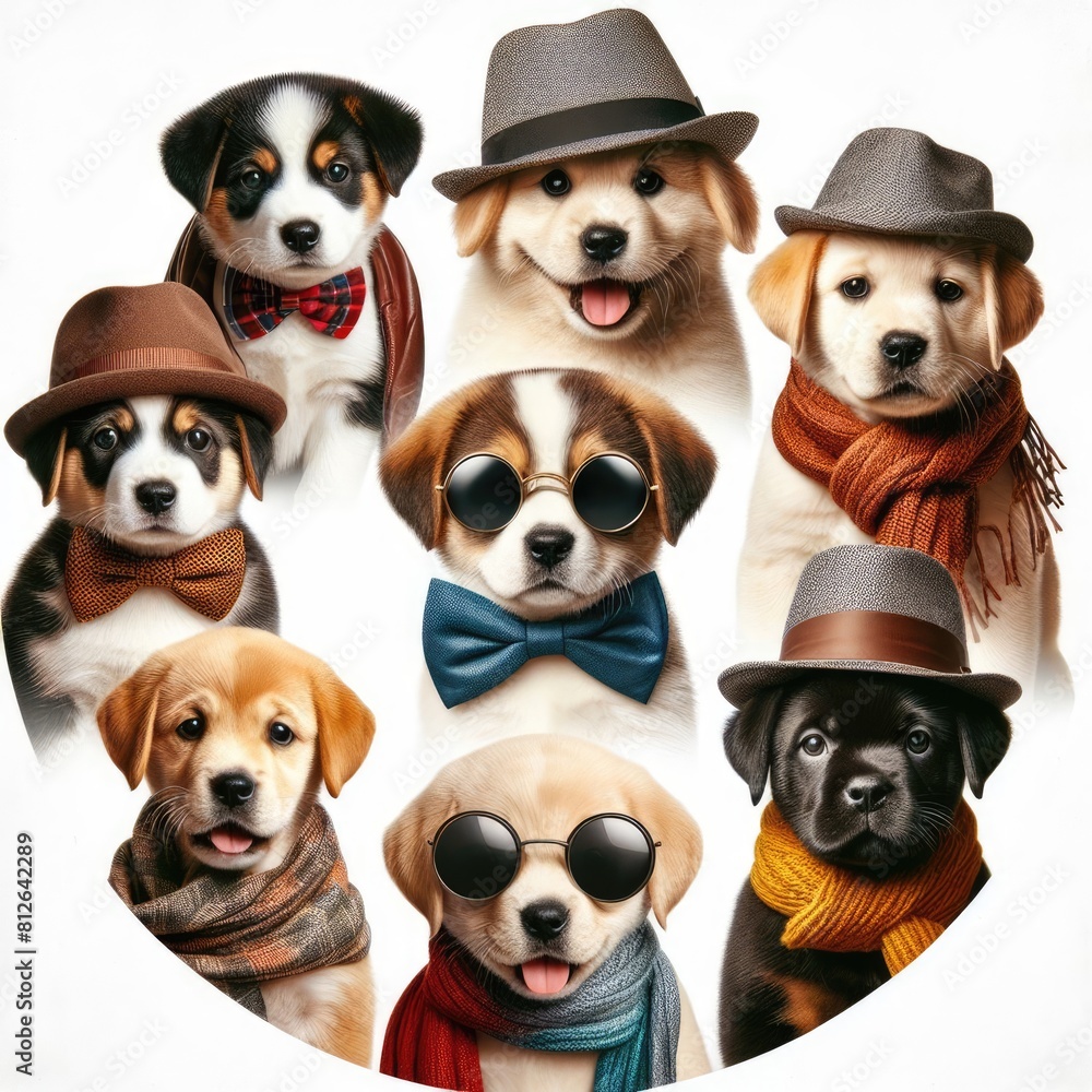 Many dogs wearing hats and scarves image art has illustrative meaning used for printing card design illustrator