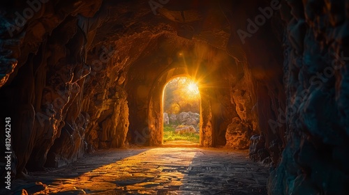 A copy space background banner of an open tomb door with the sun shining through