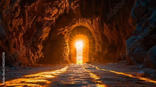 A copy space background banner of an open tomb door with the sun shining through