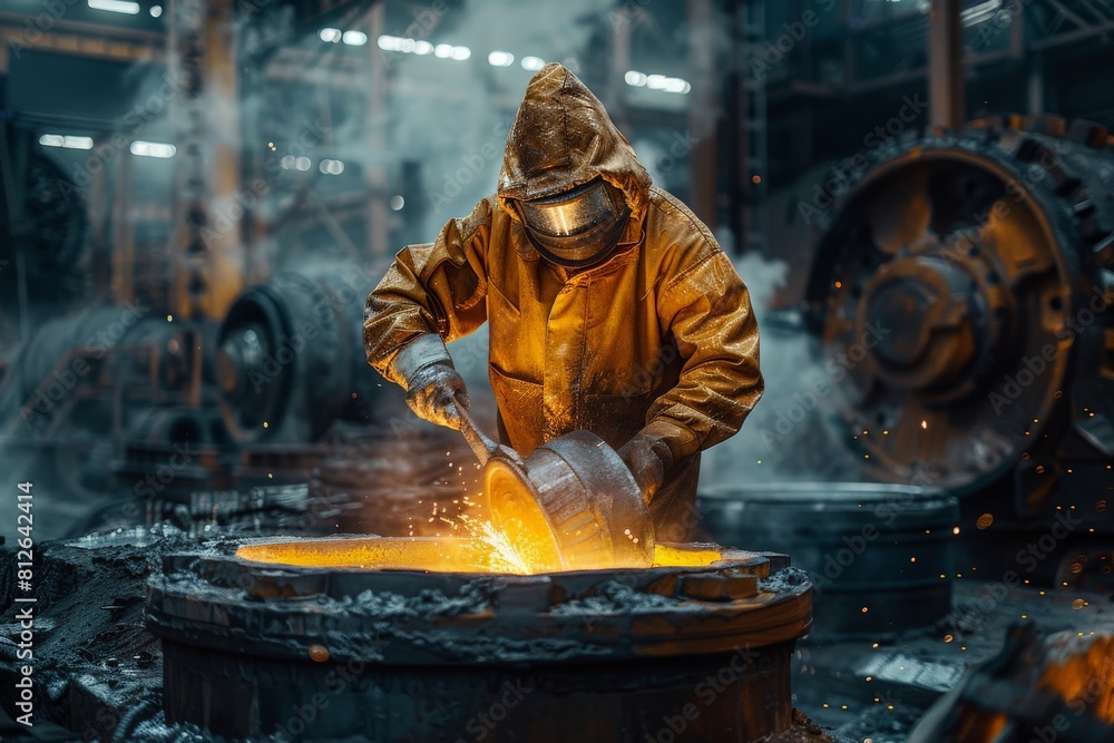 Foundry worker with special protective suit quenching casts in oil bath Foundry worker with special protective suit quenching casts in oil bath