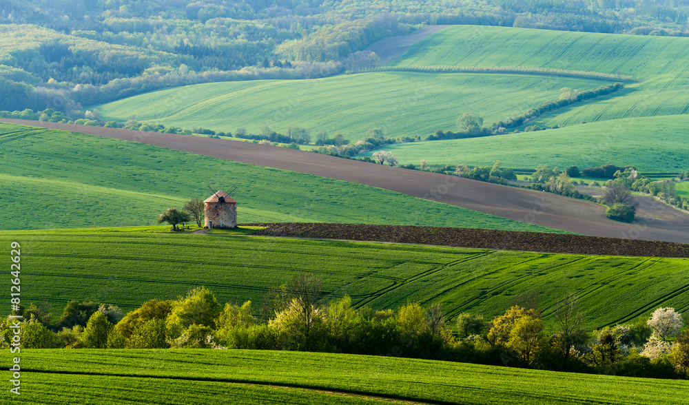 Windmill, landscape, grain, mountains, Kunovice, Czech Republic